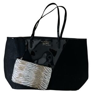 Victoria's Secret black beach bag with glittery zebra print mini bag attached